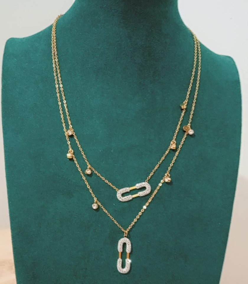 Collier double chaine strass en acier inoxydable